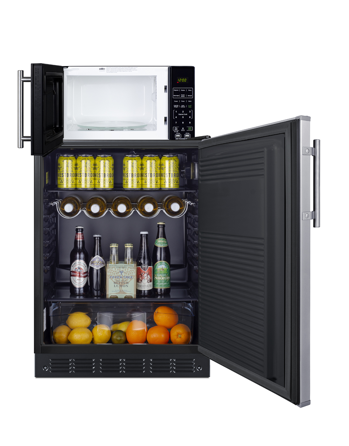 Counter height all-refrigerator with stainless steel door and compact microwave in black with allocator and USB ports for 1-plug operation; ships in three boxes on one pallet